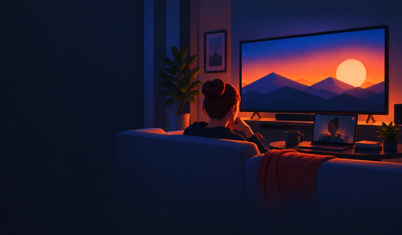 A person on the couch in a dark living room, watching a sunset movie on a big TV while a laptop on the table records them
